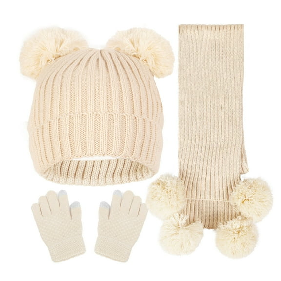 HUCOAE Kids Cap Kids Winter Set Kids Winter Hat Gloves Scarf Set, Toddler Children Girls Boy Fleece Lined Pompom Beanie Hat Kint Neck Long Scarf Warm Mittens 1-7 Years