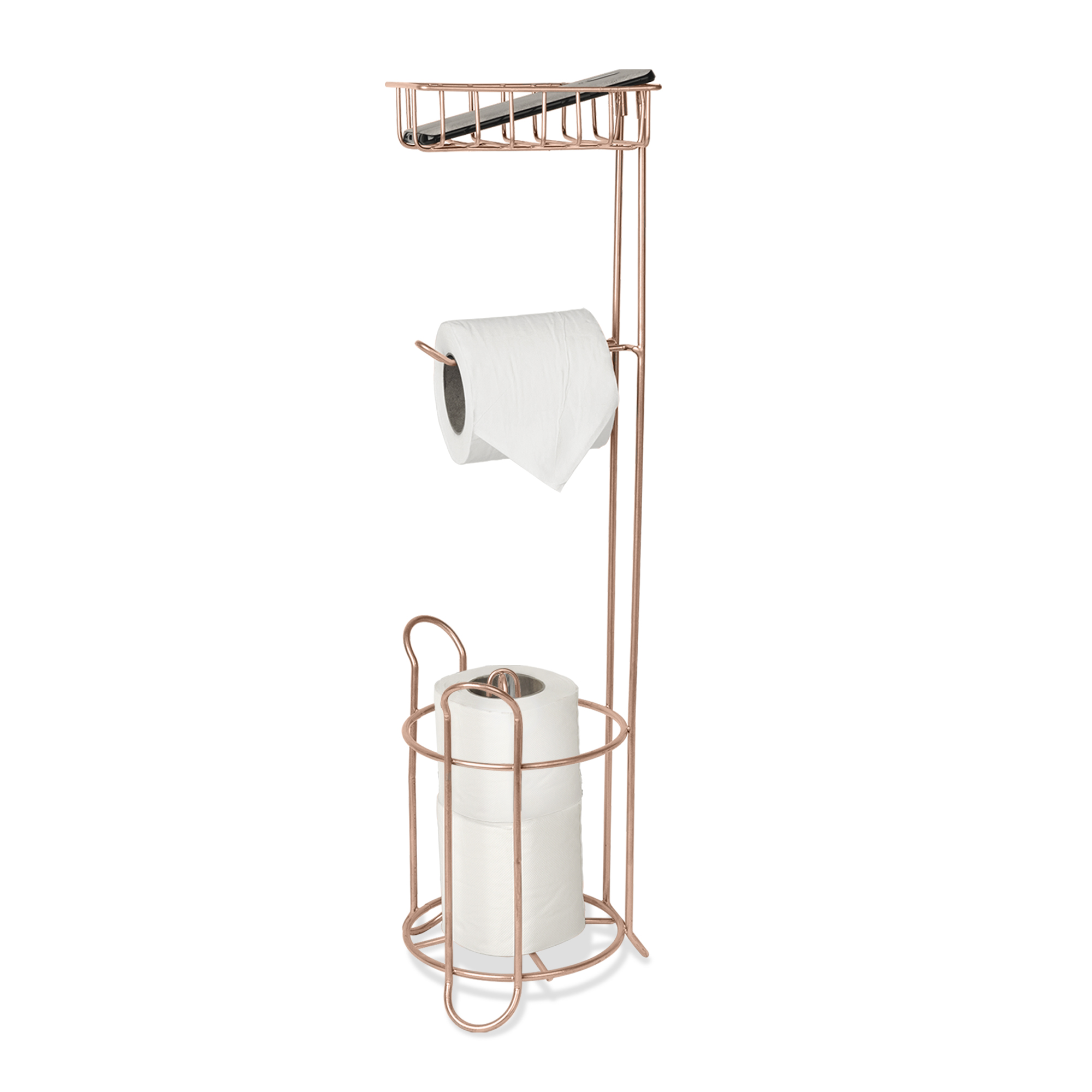 nu steel Freestanding Metal Wire Toilet Paper Holder Stand and Dispenser Shelf for Cell,Mobile Phone-Bathroom Storage Organization-Holds 3 Mega Rolls, Copper