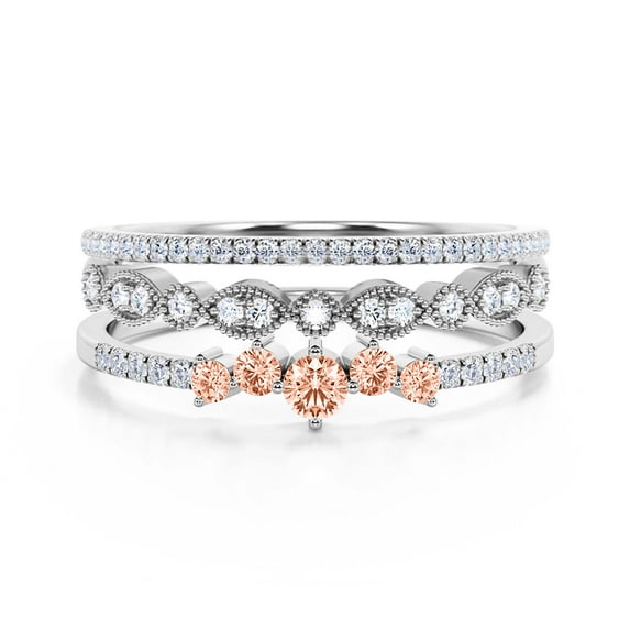 Promise Ring 1.60 Carat Round Cut Morganite And Diamond Moissanite Engagement Ring Wedding Band Ring in 925 Sterling Silver With 18k White Gold Plating, Dainty Ring, Trio Set, Matching Band