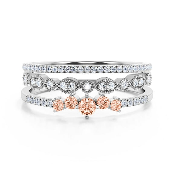 Promise Ring 1.60 Carat Round Cut Morganite And Diamond Moissanite Engagement Ring Wedding Band Ring in 925 Sterling Silver With 18k White Gold Plating, Dainty Ring, Trio Set, Matching Band