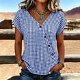 thumbnail image 5 of Favoffer Women's Plaid Pullovers V Neck Short Sleeve Button Placket Grid Weave Loose Silhouette Daily Shirts Picnic Gathering Weekend Rest, 5 of 8
