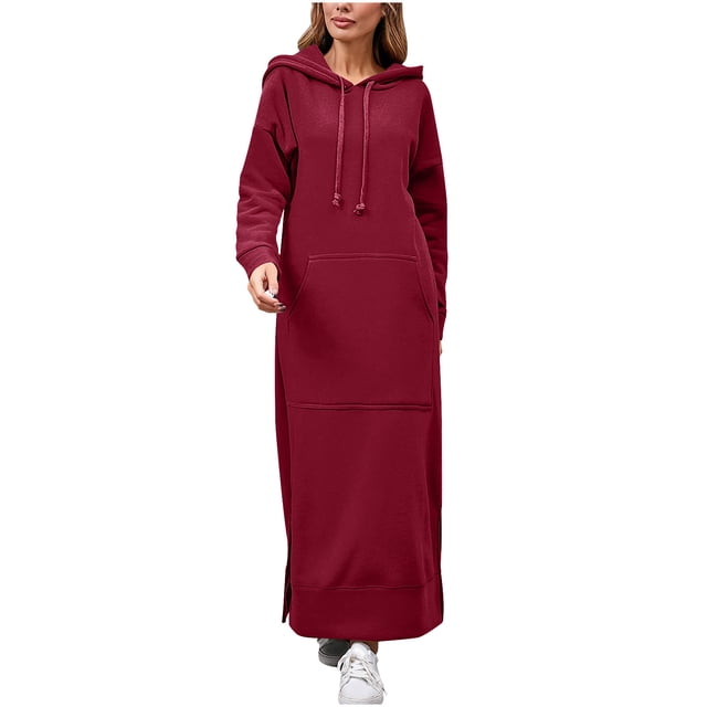 Fznquz Robe Grande Taille pour Femmes Décontractée à Enfiler Rose Longue Robe à Capuche Manches Longues Maxi Ample Robe pour Femmes