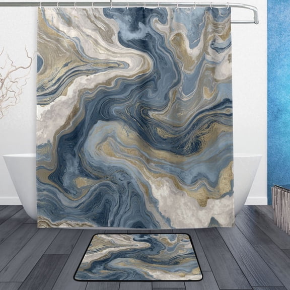 TTYFWHD 60" x 72" Shower Curtain and Bath Mat Set Gray Swirling Water Waterproof Bathroom Curtain with 12 Hooks, Bathroom Decor Set