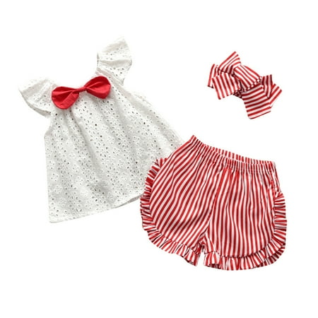 

BIZIZA Baby Girl Outfit Headwear T Shirts Summer Short Sleeve Bow Tie 3-Piece Striped Shorts for 1Y-3Y Kids White 100