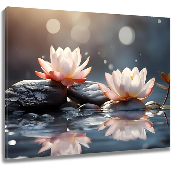 Zen Wall Art Watercolor Pink Floral on the Stone Nature Scenery Framed Wall Art Spiritual Yoga Spa Canvas Wall Art for Bathroom Living Room Bedroom Wall Decor,16x12 Inch