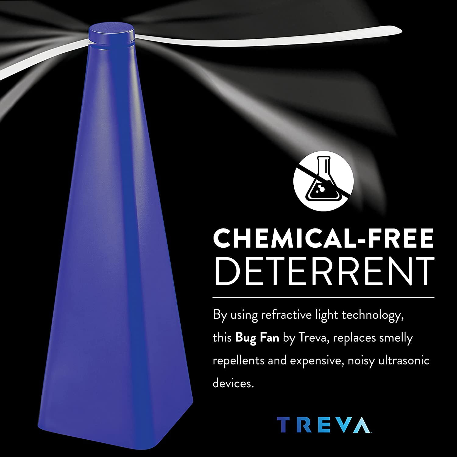 Treva Chemical Free Bug Fan Fly Deterrent with Holographic Blades to Clear Bugs, Mosquitoes, and Flies, Battery Powered Fly Fan - Dark Blue
