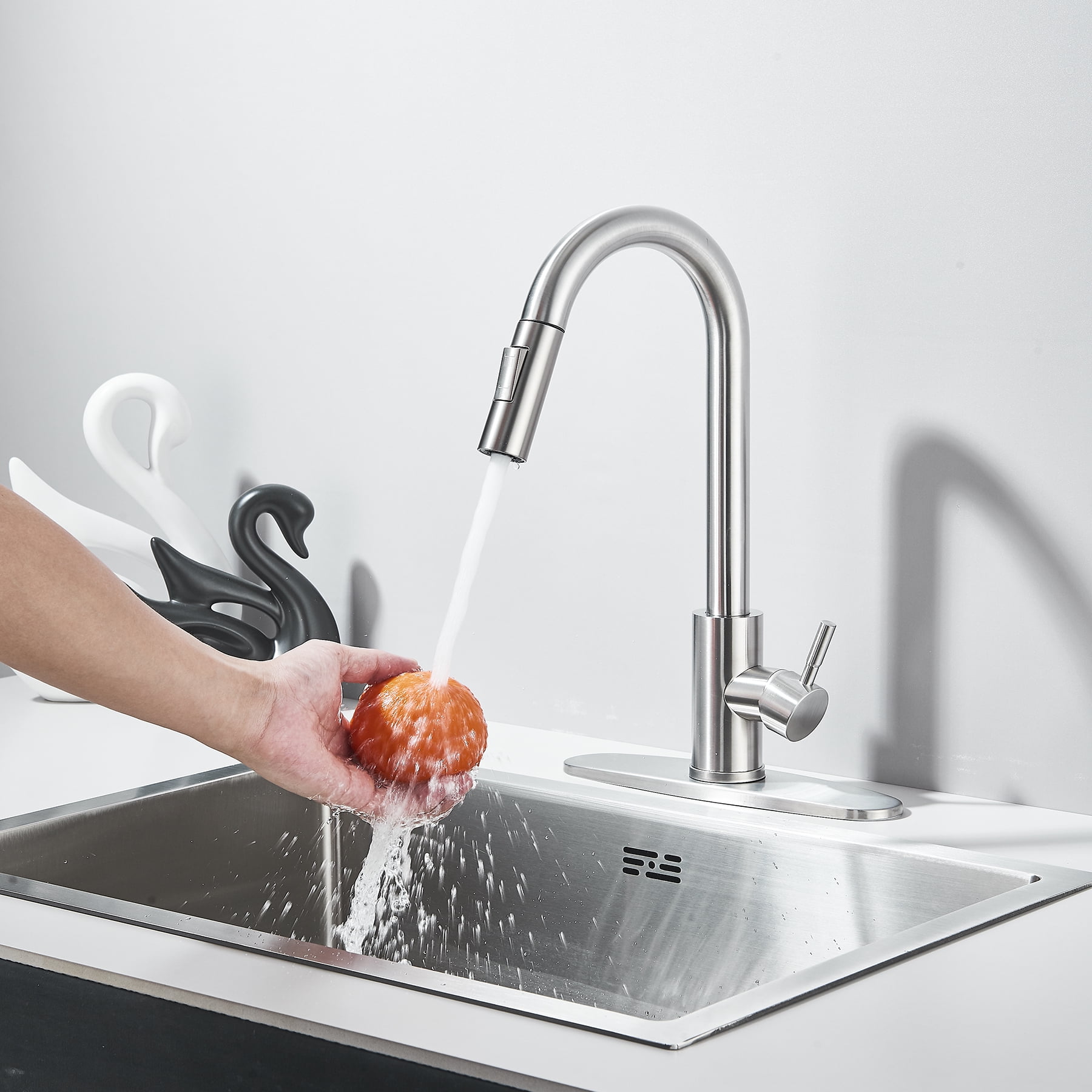 Zovajonia Modern Brushed Nickel Stainless Steel Kitchen Sink Faucets with Pull Down Sprayer, Single Handle，high arc，with 10 inch Deck Plate，1 or 3 Hole