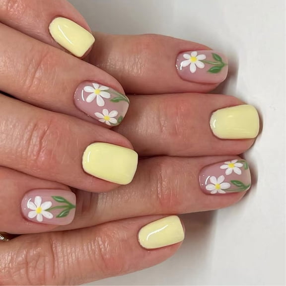 24 Pcs Glossy Full Covers on Nails Lovely Flowers Press On Nails Yellow Artificial Nails Short Square False Nails