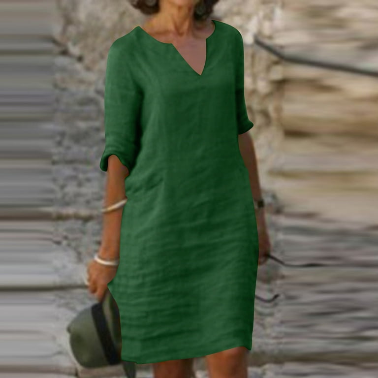 Dyegold Linen Shirt Dresses For Women Summer Casual V Neck Half Sleeve  Shift Dress Knee Length Loose Plus Size Vintage Dress - Walmart.com