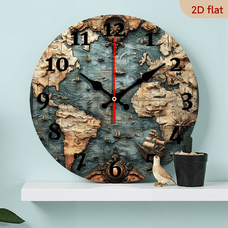 A 10 inch 2 D flat Nautical Map themed wooden circular wall clock, suitable for decoration in