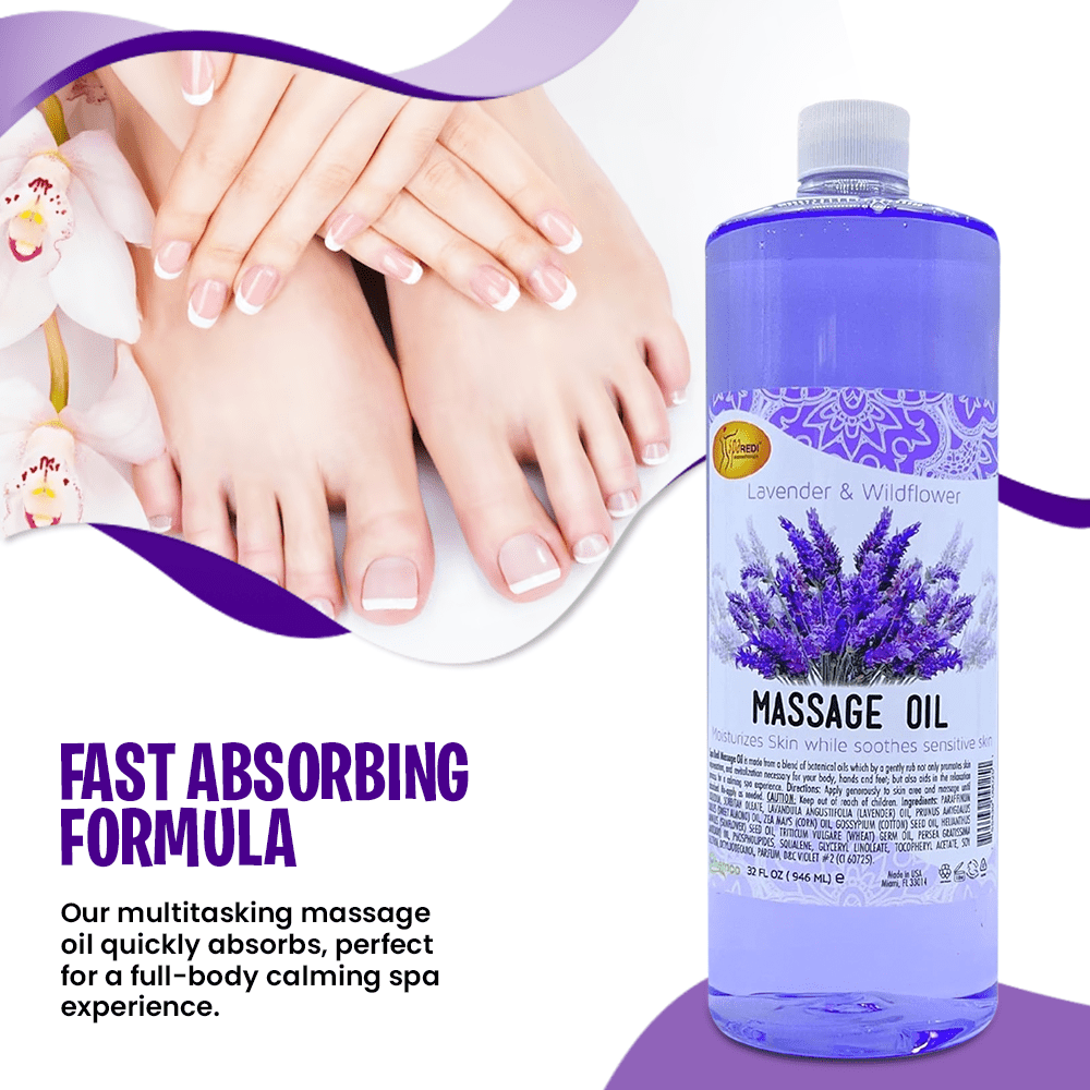 SPA REDI - Massage Oil, Lavender, 32 Oz - Professional Full Body Massage Therapy, Manicure, Pedicure - Relax Sore Muscles and Repair Dry Skin, Enhanced with High Absorption Oils and Vitamin E