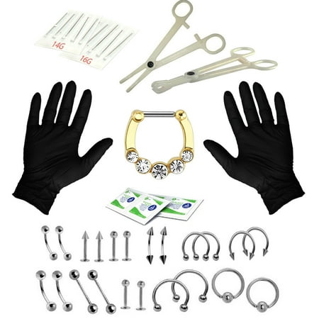 - BodyJ4You 36PC PRO Piercing Kit Steel 14G 16G CZ Clicker Crystals Nose Ring Tongue Belly Jewelry