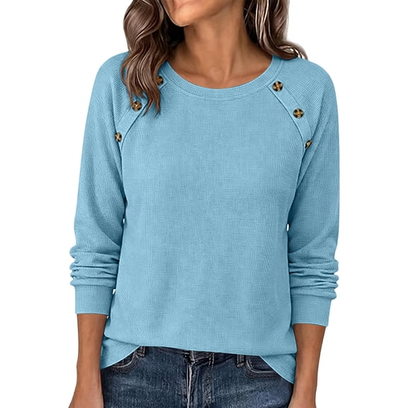 CQONEPT Women Raglan Long Sleeve Sweater Fall Winter Waffle Knit Comfy Casual Blouse Trendy Crewneck Button Trim Pullover Tops Light Blue 2XL