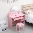 thumbnail image 4 of Kids Vanity Table Set with Stool and Lighted Mirror, 39.8inch Tall Dressing Table Makeup Desk with Drawer, 2 Tier Open Storage Shelves, Cubbies & Makeup Playset, Wooden Princess Dressing Table for Lit, 4 of 6