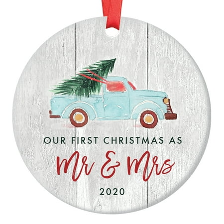 Newlywed Christmas Ornament 2020, First Christmas as Mr & Mrs, Wedding Gift Idea, Blue Truck Tree Ceramic Rustic Farmhouse 3