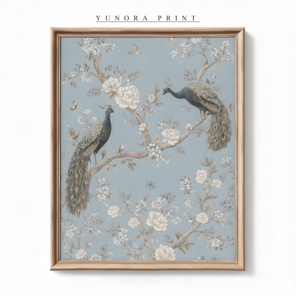 Vintage Peacock Wall Art, Chinoiserie Floral, Blue Elegant Botanical Poster,, Unframed Poster Size 8x12