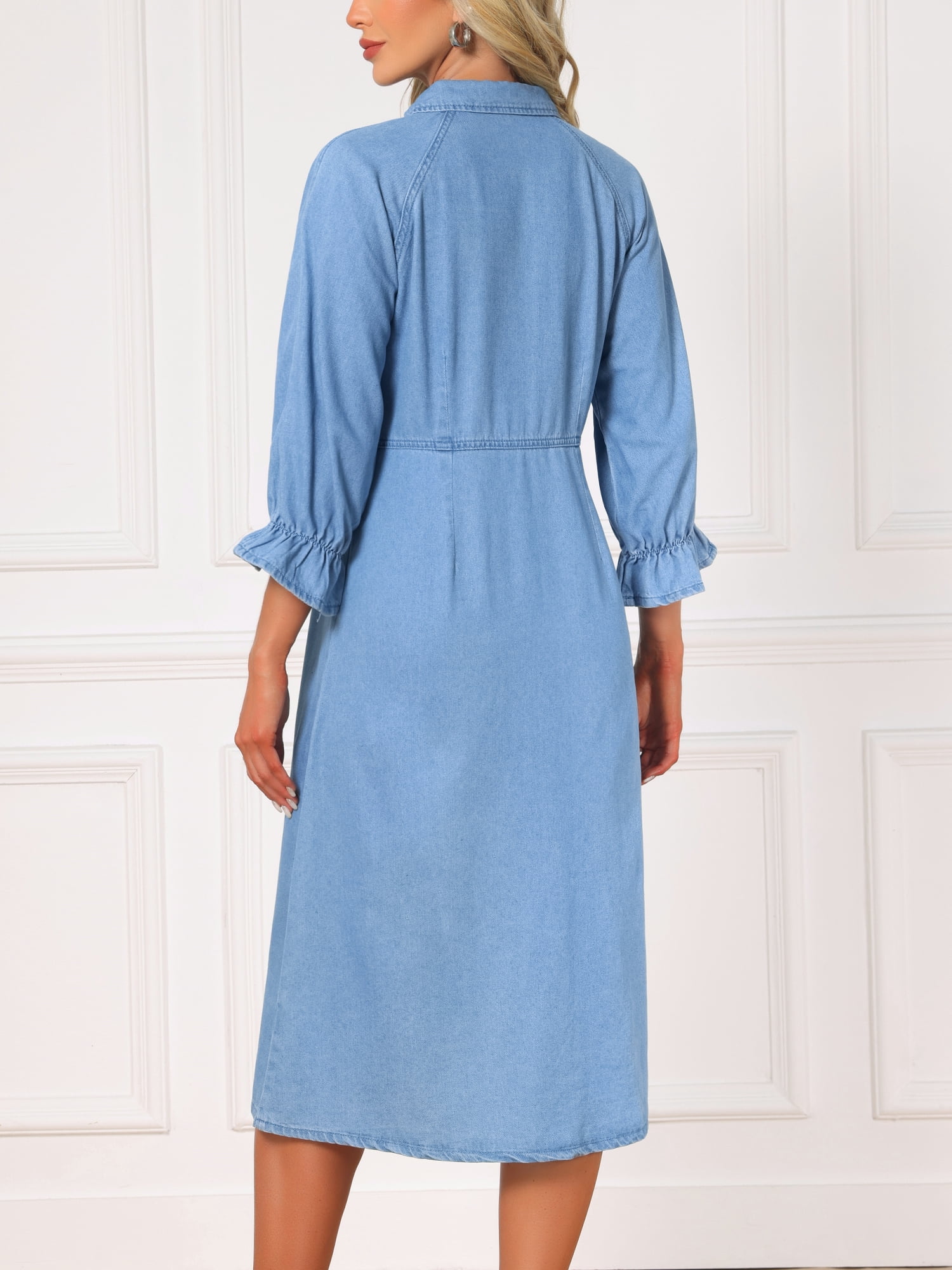 DARING DIVA Women's Collared Ruffle 3/4 Sleeve Jean Button Down Shirt Dress L Light Blue