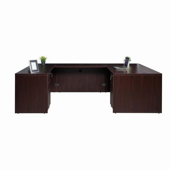 Boss Offie Products 66" U-Shape Desk with 2 File Pedestals in Mahogany