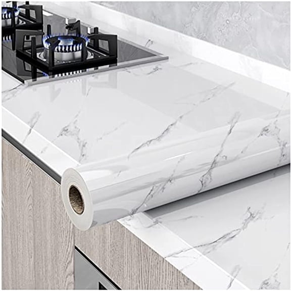 Glossy Marble Paper Granite Gray/White Wallpaper Peel and Stick Wallpaper Self Adhesive Removable Wallpapers 15.8″ ×118″ Waterproof Countertop Paper for Cabinet Countertop Furniture Kitchen Viny Film