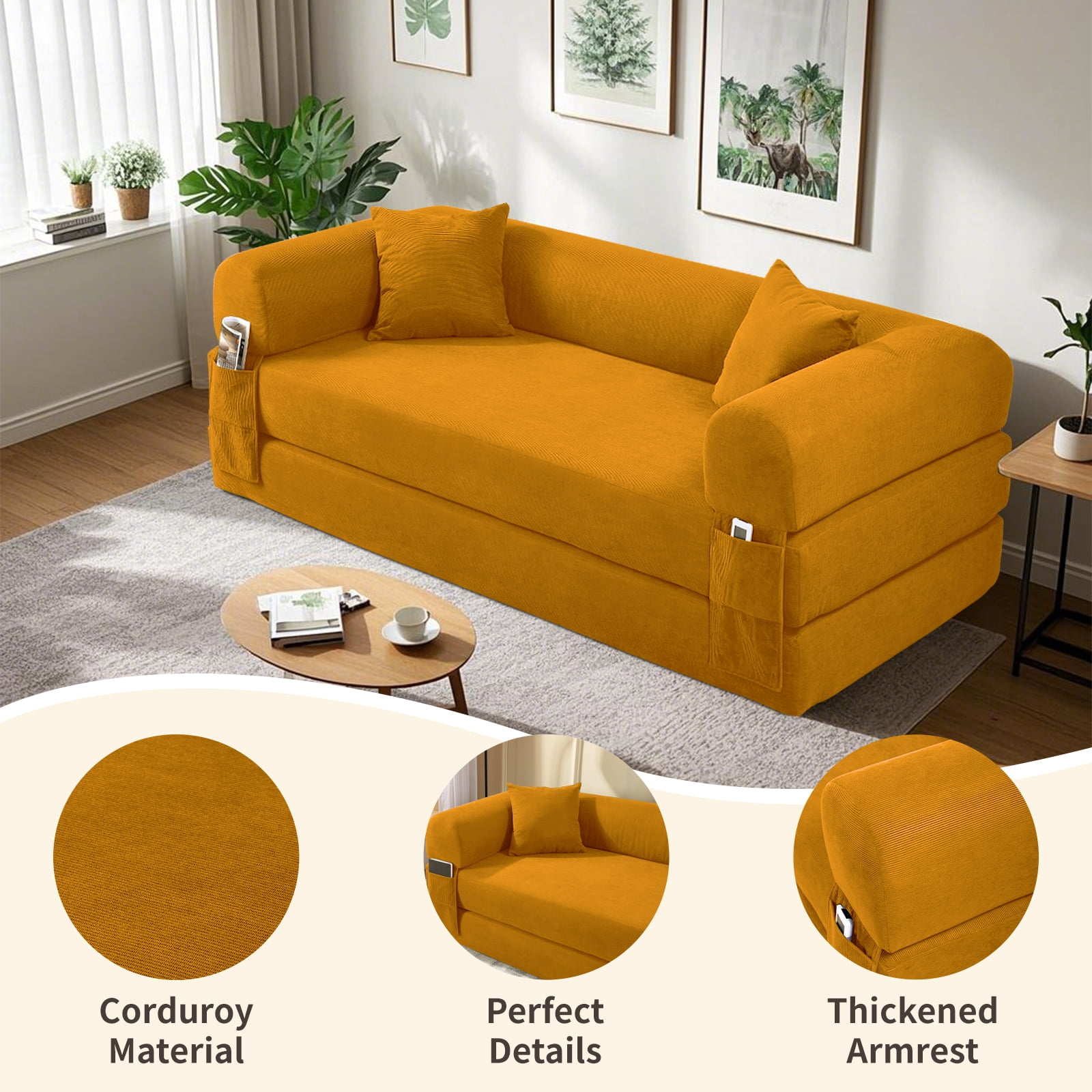 3 in 1 Convertible Sofa Bed, 80" Corduroy Folding Pull Out Couch with 2 Pillows, Floor Sofa with Side Storage for Living Room, No Assembly Modern Boneless Couch Compression Sofa, 30"W