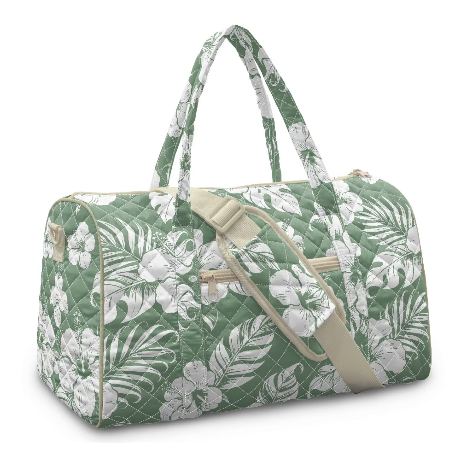 Garronmavis Large Sage Green Tropical Floral Quilted Duffle Bag for Women, Weekender Travel Bag Carry On Tote with Zipper Pockets for Gym, Overnight Trips & Dance
