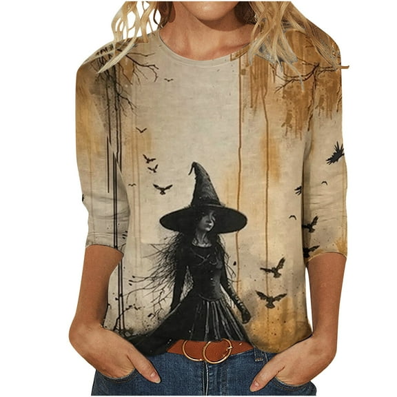 Raeneomay 3/4 Length Sleeve Womens Tops Women Tops Halloween Print Loose and Comfortable Round Neck T-Shirt
