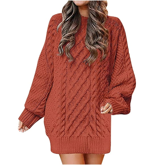 Women Crewneck Long Sleeve Oversized Cable Knit Chunky Pullover Short Sweater Dresses Solid Fall Winter Sweater Dresses