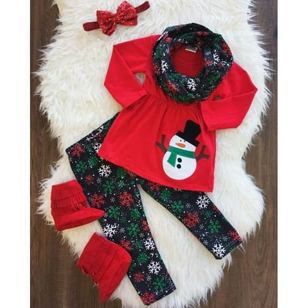 Kds 8 Christmas Toddler Kid Baby Girl Xmas Snowman Clothes Outfits Tops Skirt+Pants+Scarf Set ()