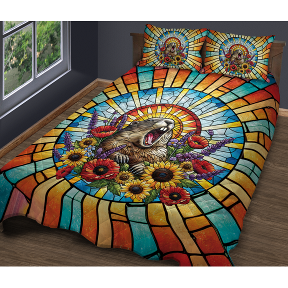 Lotusprinthandmade Floral Funny Groundhog Animal Quilt Bedding Set (Fold Hem) 5 Sizes (Made in Vietnam) (55x60), floral groundhog quilt, groundhog themed quilt bedding