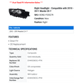 thumbnail image 2 of Right Headlight - Compatible with 2010 - 2011 Mazda CX-7, 2 of 2