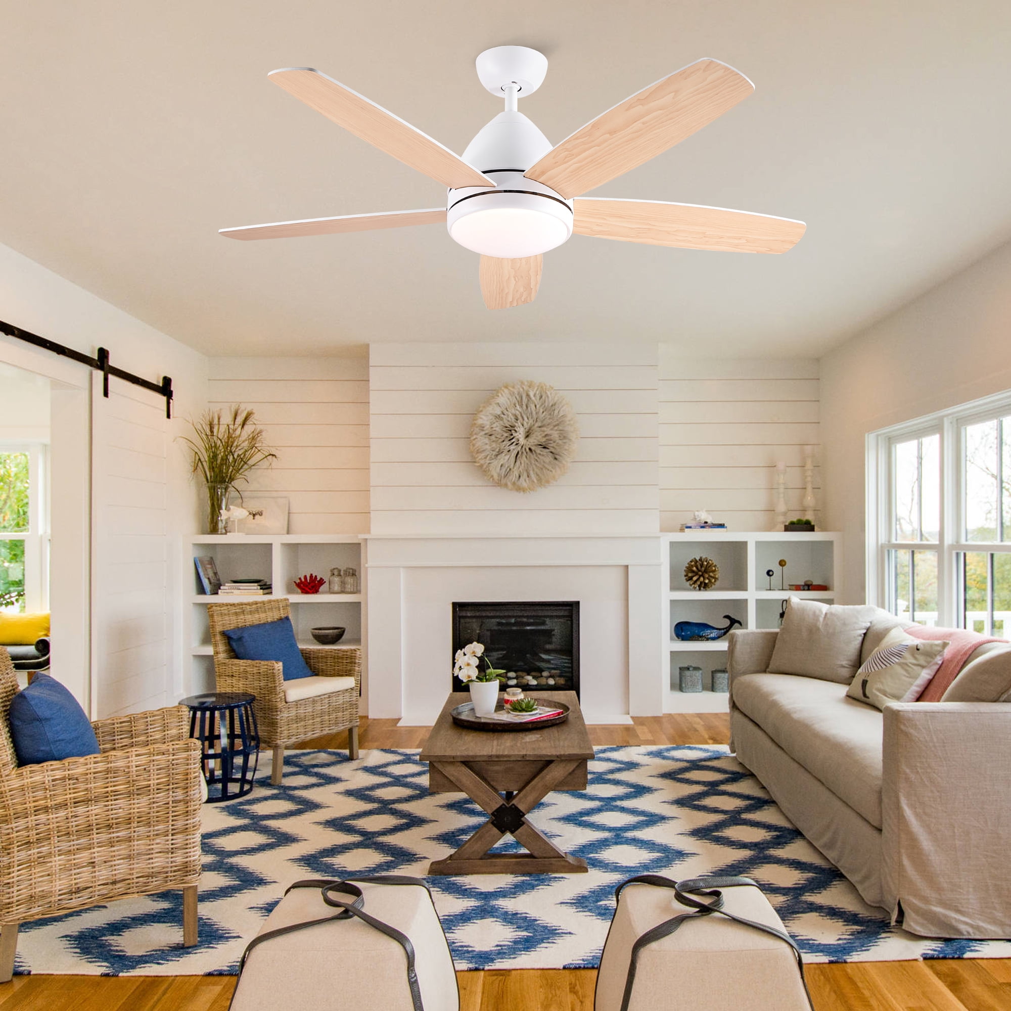 Leumius 52" White Ceiling Fan with Intergrated LED Light Kit, Remote Control, 5 Plywood Blades and Work with Smart APP for Living Room Bedroom