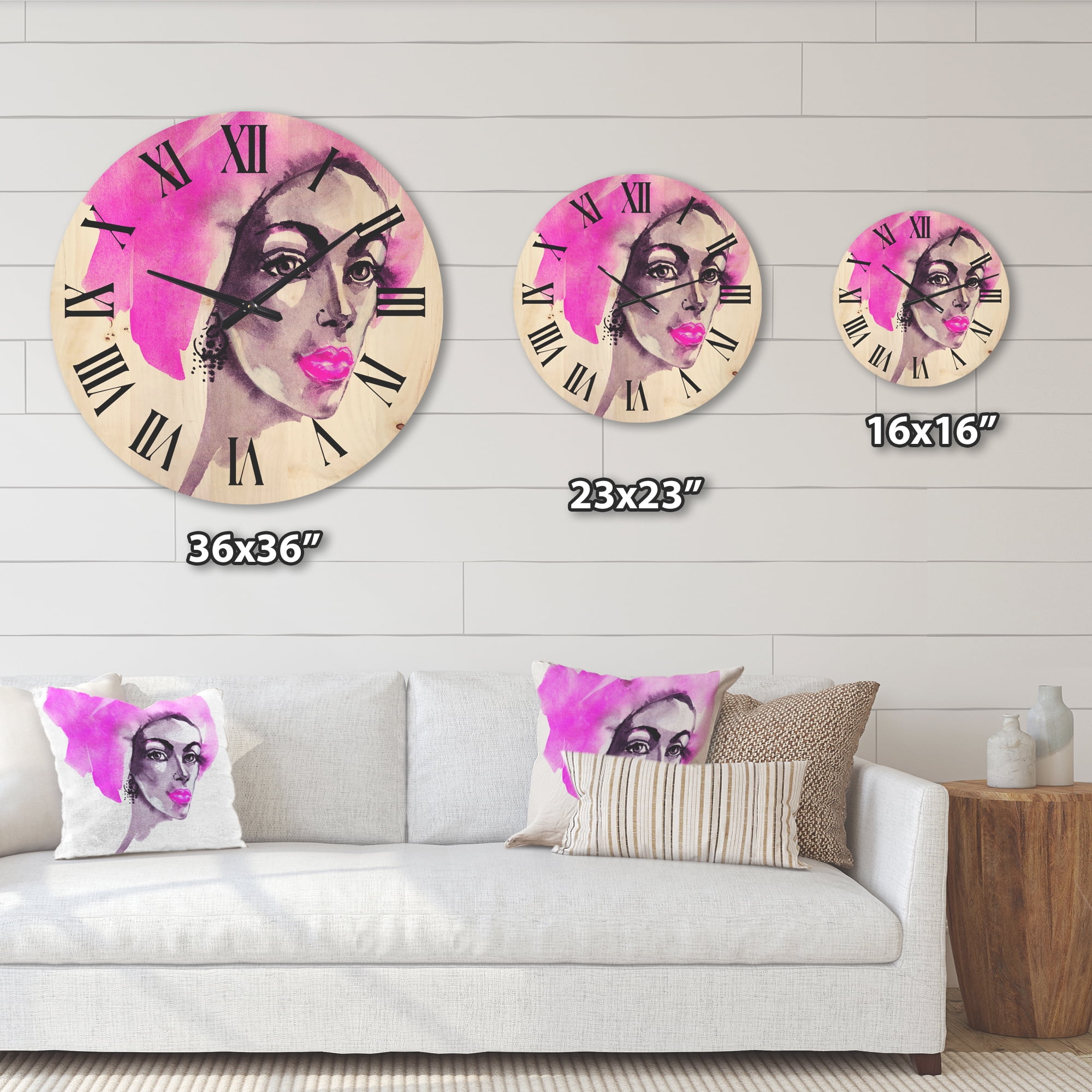Designart 'Afro American Pink Woman Fashion Portrait' Modern Wood Wall Clock