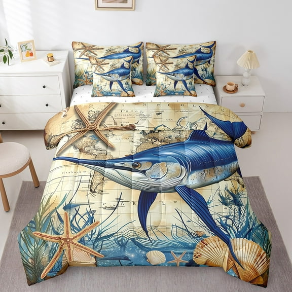 Erosebridal Ocean Fish Bedding Twin Size, Vintage Nautical Bedding Sets Twin Size, Starfish Seashell Decor, Reversible
