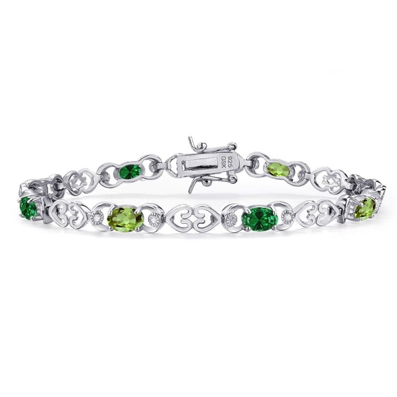 Gem Stone King 3.41 Cttw Green Peridot and Green Created Emerald and Lab Grown Diamond Bracelet for Women | 925 Sterling Silver | Gemstone August Birthstone | Oval 6X4MM | Length 7.25 inches