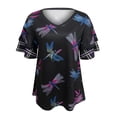 thumbnail image 4 of Summer Saving Wycnly Womens Tops Dressy Casual Short Sleeve V-Neck Dragonfly Print Summer Shirts Ruffle Layer Sleeve Vintage Plus Size Pullover Blouse Purple XXL Clearance Clothes, 4 of 5