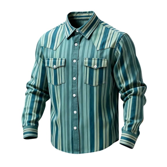 LEKWK Mens Vintage Striped Shirt Western Cowboy Style Long Sleeve Button Down Top Retro Ranch Rodeo Casual Slim Fit Daily Tee