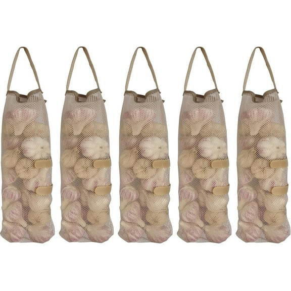 YEKEYI 5 Pack Hanging Mesh Storage Bags for Potatoes, Onions, Garlic - Long and Large Reusable Net Produce Bags for Kitchen and Grocery (Top Opening Beige)