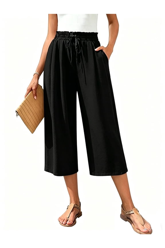 Capri Pants for Women High Waisted Drawstring Dressy Pants Pull On Lightweight Pockets Flowy Black Pants Size S
