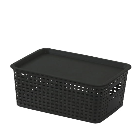 Plastic Woven Storage Basket Rectangular Organizer Bin with Handles for Shelves Home Closet Durable Faux Rattan Tote Black 15 X 10"