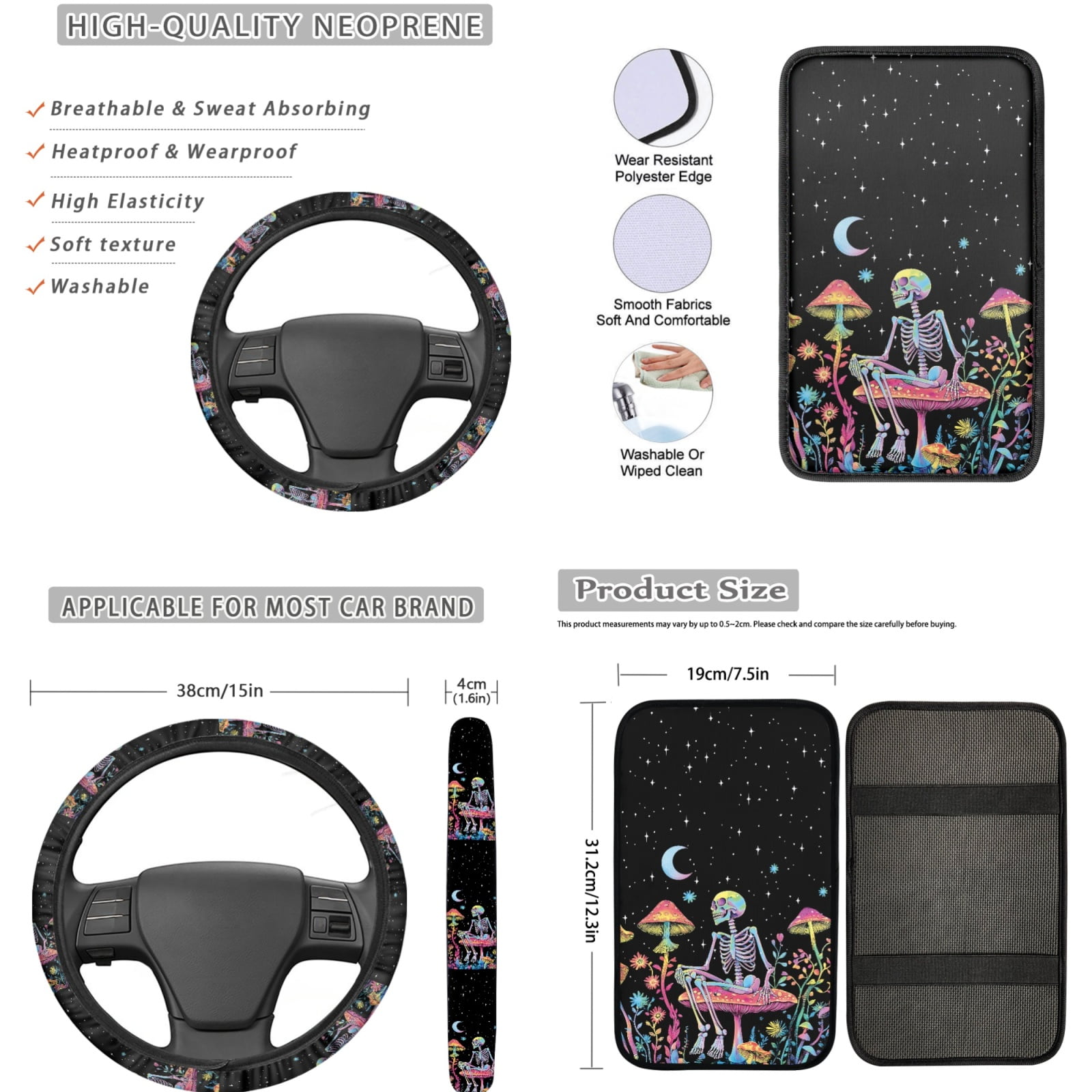 Jeiento Skull Car Seat Cover Set Car Floor Mats Steering Wheel Cover Seatbelt Cover Keychains Armrest Cover Keychain Aesthetic Mushroom Lipstick Holder 17 Pieces Auto Interior Accessories
