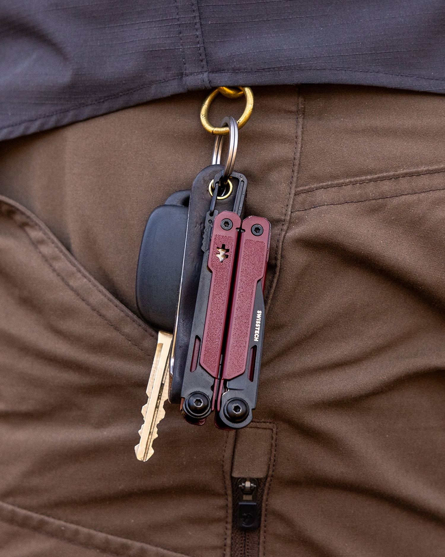 Swiss Tech Uberall CT AUS-8 Steel 10-in-1 Multi Tool with Shears, Carabiner & Leather Sheath, Maroon