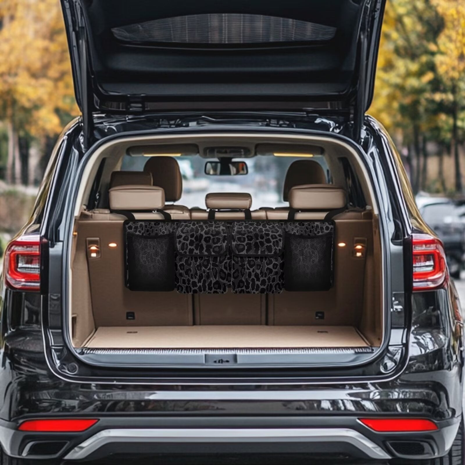 KUIFORTI Car Trunk Organizer Small SUV Trunk Organizers and Storage, Balck Leopard Print Car Organization Women Stylish Car Accessories with 4 Pockets, Leave Room for Buying and Shopping