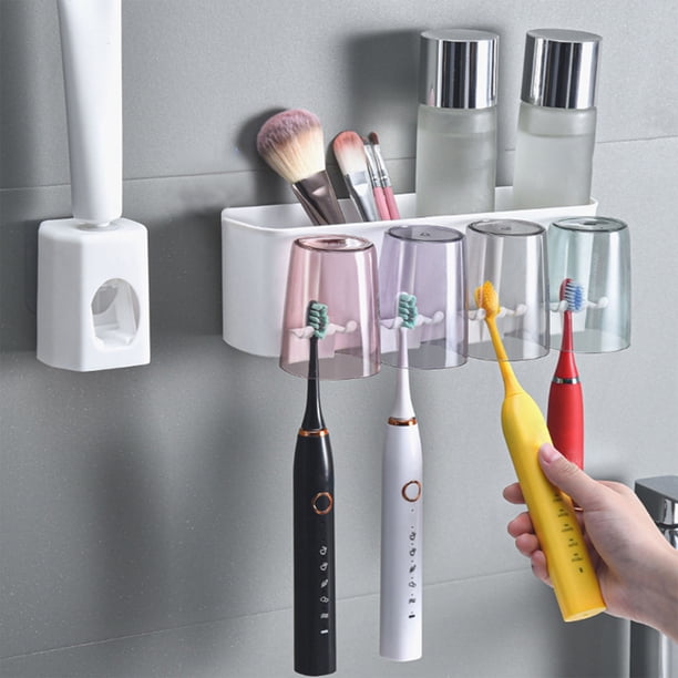 Accesorios de baño Portacepillos de dientes con dispensador de pasta de dientes No requiere taladro Organizador de baño de plástico montado en la pared para vasos y maquinillas de afeitar Juego de fác