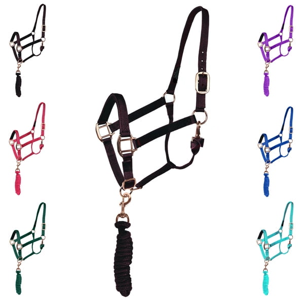 Majestic Ally Halter with Matching Lead Rope for Horses–Adjustable Chin and Crown–Rolled Throat Latch with Replaceable Snap–Padded Noseband–Heavy Duty Rose Gold Finish Hardware