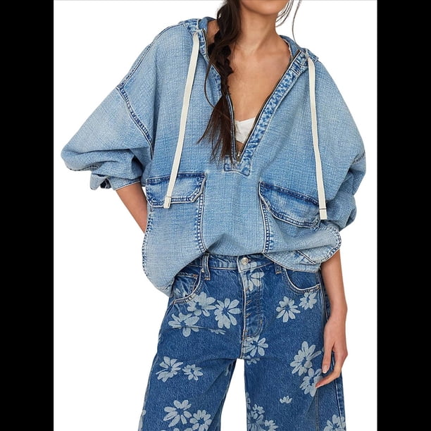 Sudadera Vaquera con Capucha y Media Cremallera para Mujer, Chaqueta Vaquera, Tops Azul L