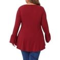 thumbnail image 3 of Blusa de túnica de mujer plus size Agnes Orinda con dobladillo alto-bajo, mangas largas de campana, cuello redondo, top casual acampanado 2X burdeos, 3 of 6