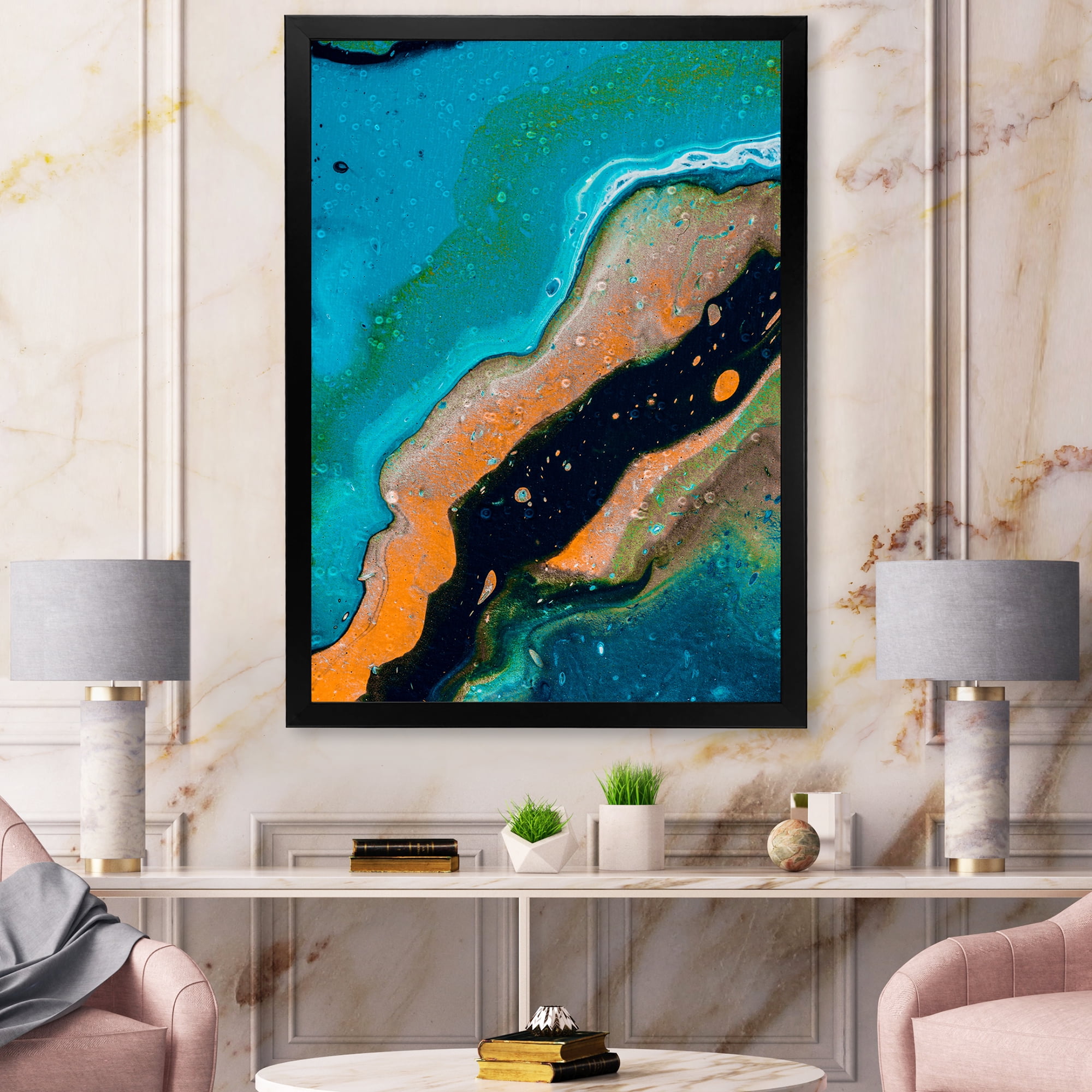 Designart 'Abstract Marble Composition In Orange and Blue II' Modern Framed Art Print
