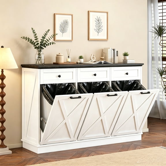 JassmiPkwy Tilt-Out Trash Cabineat, 3x13 Gallons Wooden Kitchen Trash Can Cabinet with Hideaway Drawer, Freestanding Garbage Recycling Cabinets, Pet-Proof, Power Outlets, 59 Inches, White