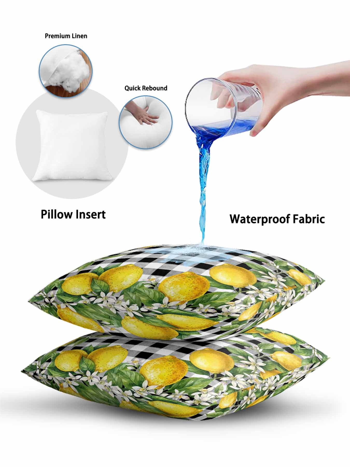 1 Pack Outdoor Pillows Waterproof, Summer Lemons Indoor/Outdoor Throw Pillows with Inserts, Fruits White Flowers Farmhouse Plaid Decorative Pillow for Patio Furniture Chairs Couch