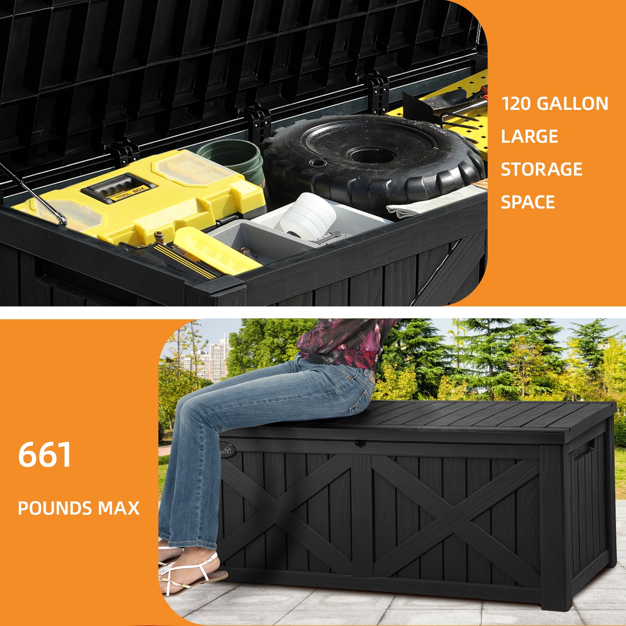 Uforic Outdoor 120 Gallon Large Resin Deck Box, Outdoor Storage Boxes with X-Shaped Front, for Patio Garden, Waterproof & Lockable, Black